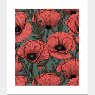 Poppy garden in coral, brown and pine green Posters and Art
